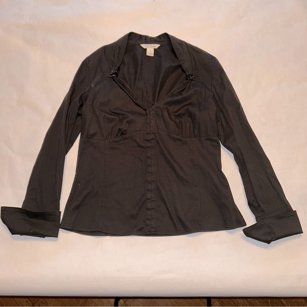 White House Black Market Black Long Sleeves Shirt w Embellished Collar Size M